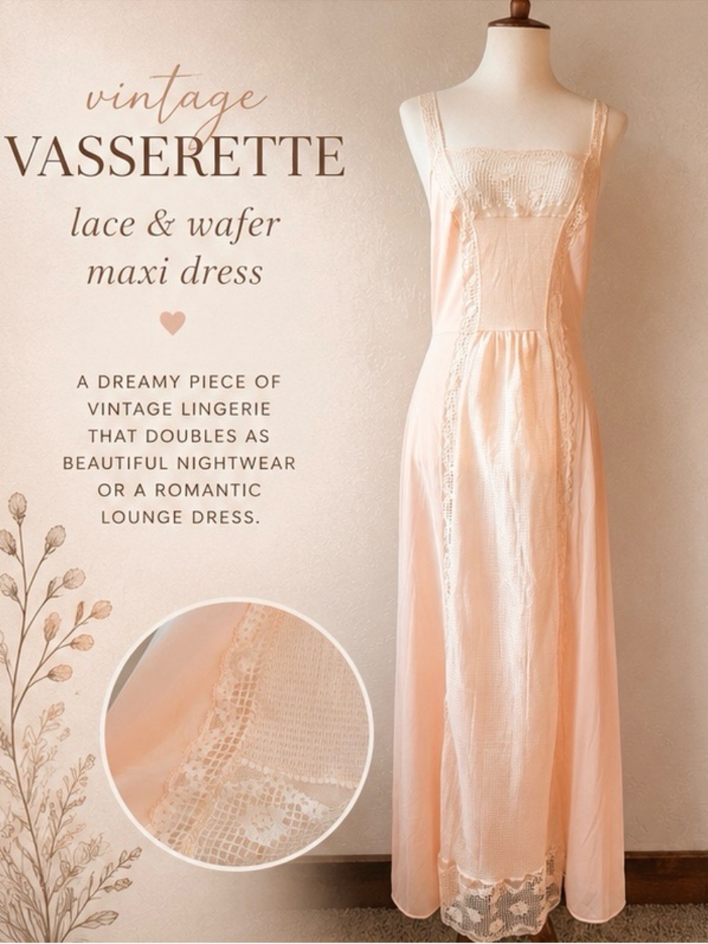 Vintage Vasserette Peach Lace Maxi Nightgown 1970s
